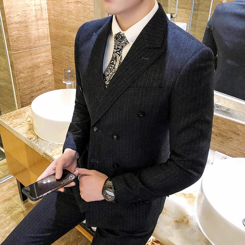 S-5XL ( Blazer + Pants ) Men's High-end Brand Formal Double Breasted Suit Gray 2 Piece Set Wedding Dress Plaid Suit Groom Party