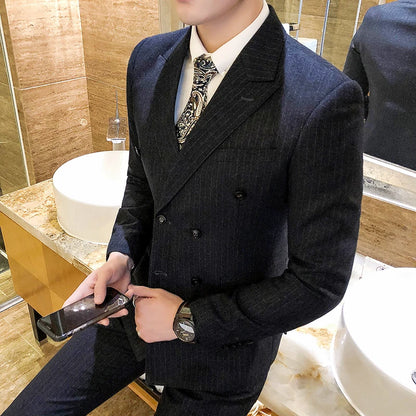 S-5XL ( Blazer + Pants ) Men's High-end Brand Formal Double Breasted Suit Gray 2 Piece Set Wedding Dress Plaid Suit Groom Party