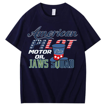 Unisex  American Pilot Motor Oil Graphic T-Shirt USA Flag Print Casual Streetwear Short Sleeve Tee Tee for Men Women