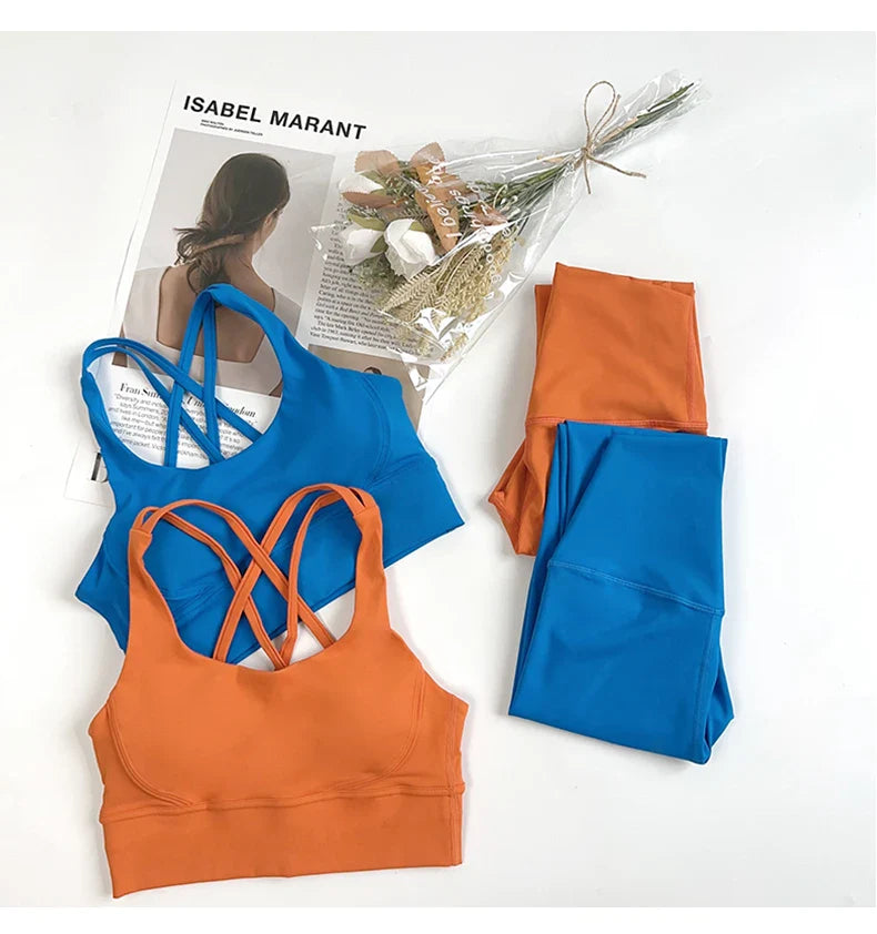 2 Pieces Yoga Set Women Gym Set Workout Clothes Sports Suits High Waist Leggings Cross Straps Fitness Bra Running Tracksuit👚👍️