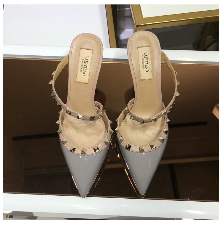2025 New Genuine Leather Gladiator Pumps Sandals Luxury Metal Rivets Summer Women Outdoor Slippers Black Fashion High Heels 41