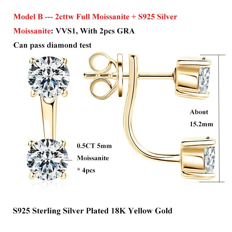 2 in 1 Full D Color Moissanite Stud Earrings for Women S925 Silver 4.6cttw All Diamond Earring Pierced Ear Fine Jewelry