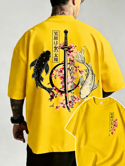 Summer Hot Japanese Yin Yang Koi Fish & Samurai Sword Pattern Cotton Men’s T-Shirt Short Sleeve Tees Casual Oversized Unisex Top