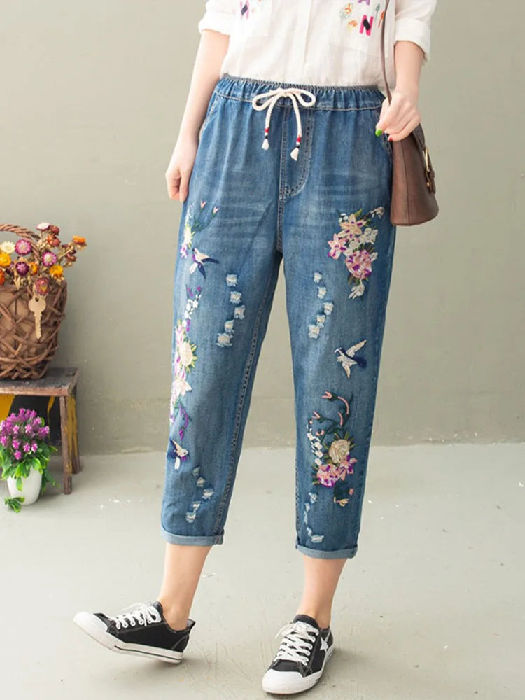 Summer Women Vintage Floral Loose Denim Pants Chinese Style Casual Ripped Blue Jeans Holes Elastic Harem Trousers