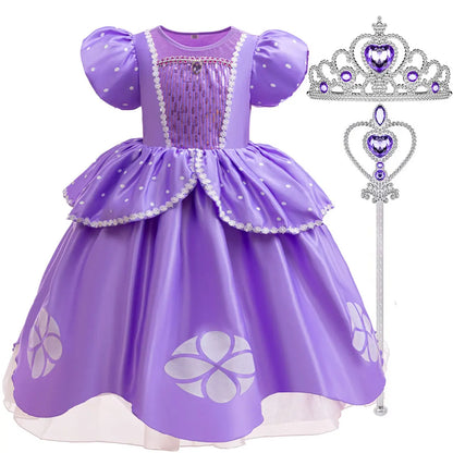 Sofia Princess Dress For Girl Summer Dress Birthday Carnival Party Sophia Sleeve Fluffy Ball Dress + Accessories