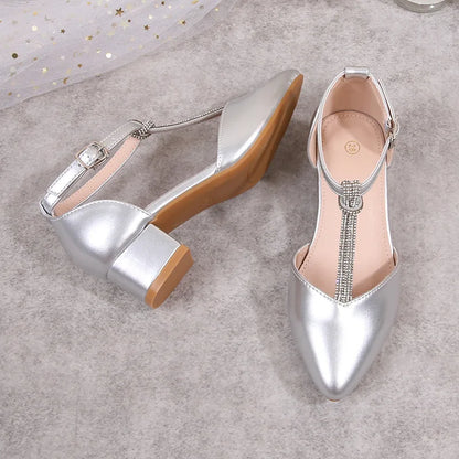 Children's Thick Heel Sandals Summer New Pointed-toe Girls' Crystal Princess Shoes Fashion Children's High-heeled Leather Shoes