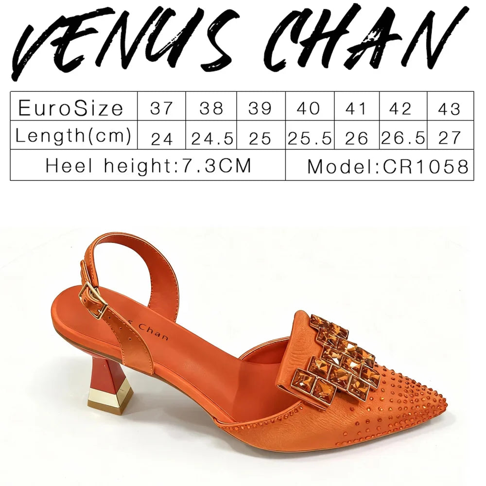 Elegant Orange Rhinestone Pointed Toe High Heels - Chic Italian Style Women's Footwear for Parties