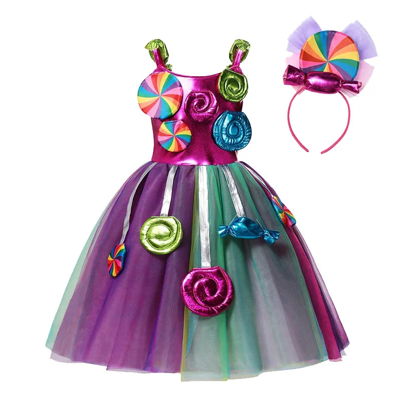 Girls Candy Fairy Lollipop Cosplay Carnival Costume Toddler Purim Rainbow Vestidos Girls Birthday Party Dress