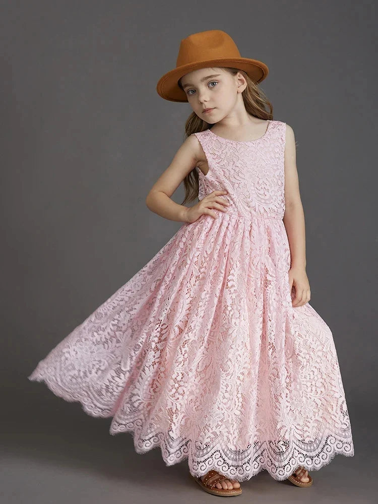 Princess Girls Lace Bohemia Long Dresses Baby Kids Flower Wedding Party Dress Cotton Lining Vestidos Costume Children Clothing