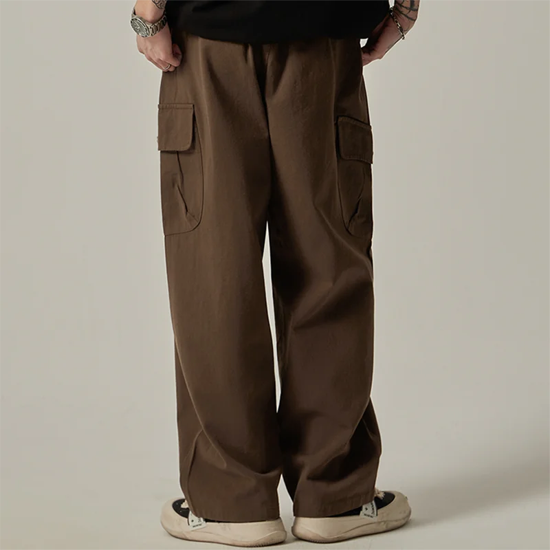 Men's Sweatpants 2025 Spring Autumn Vintage Japanese Wide Leg Straight Loose Button Big Pockets Cargo Pants Drawstring Trousers