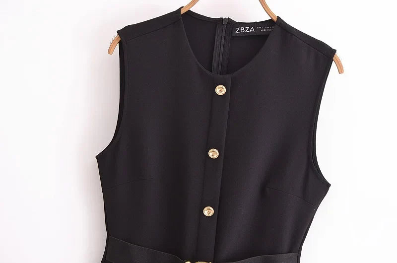 Womens Dresses Black Office Long Dresses for Women Spring Sleeveless Midi Dress Woman Belt Button Women's Dress Vest