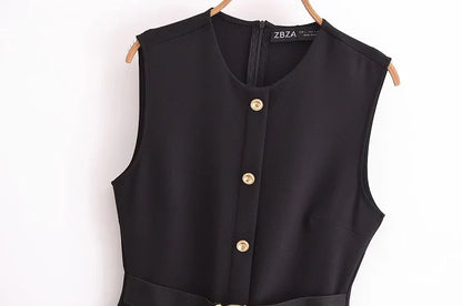 Womens Dresses Black Office Long Dresses for Women Spring Sleeveless Midi Dress Woman Belt Button Women's Dress Vest