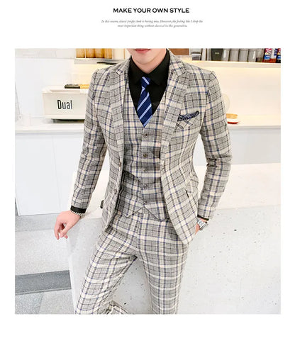 ( Jackets + Vest + Pants ) New Fashion Boutique Plaid Mens Casual Business Suit Groom Wedding Dress Suit 3pces Set Male Blazer