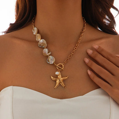Retro Starfish White Shell Conch Pendant Necklace  Women 2024 Simple Creative Colorful Stones  Hand Woven beach Jewelry Girls