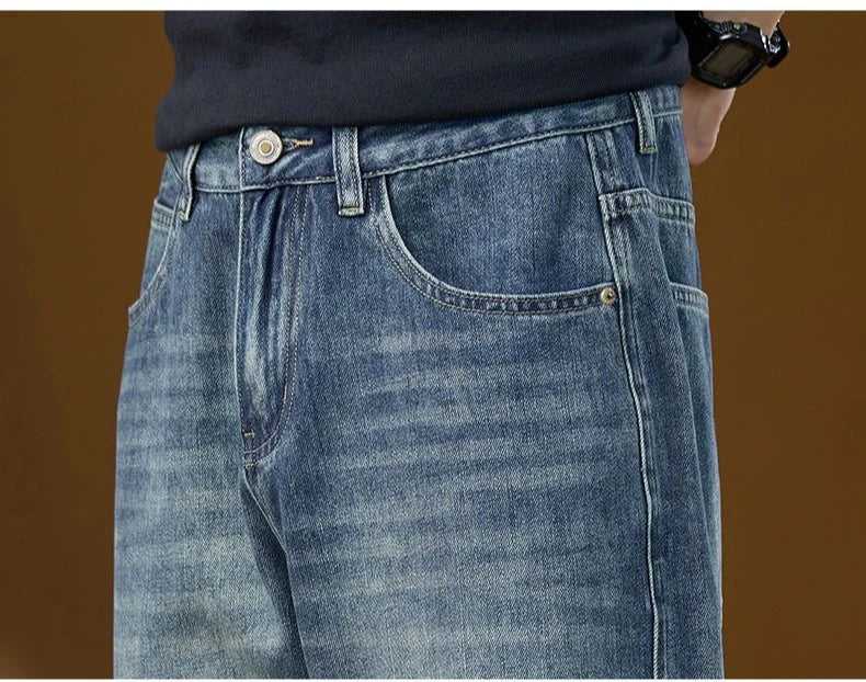 Jeans Denim Straight Pants Men Washed Distressed Mid Waist Pockets 2025 Streetwear Basics Ankle Length Trousers Vintage Denims