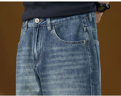 Jeans Denim Straight Pants Men Washed Distressed Mid Waist Pockets 2025 Streetwear Basics Ankle Length Trousers Vintage Denims