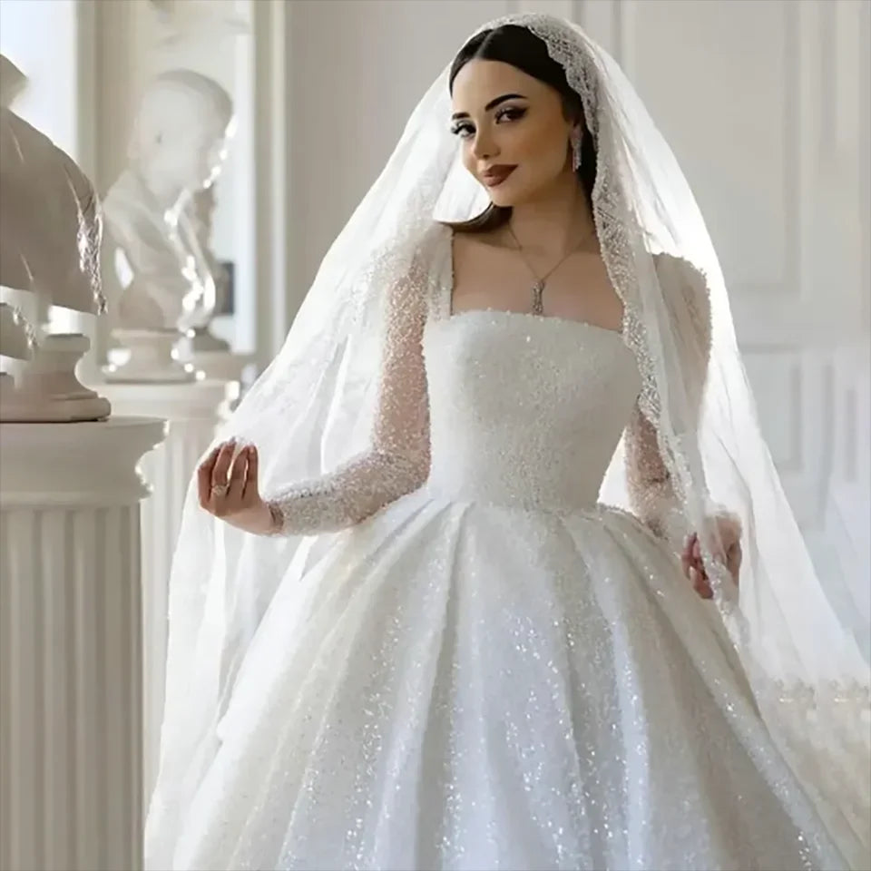 Customized Gorgeous Beaded Sequin Boat Neck Ball Gown Wedding Dresses 2025 Long Sleeves Court Train Tulle Bridal Gowns