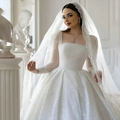 Customized Gorgeous Beaded Sequin Boat Neck Ball Gown Wedding Dresses 2025 Long Sleeves Court Train Tulle Bridal Gowns