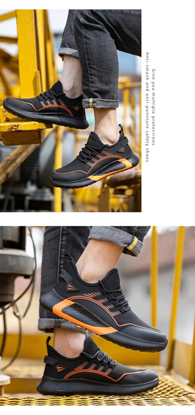 Men's Safety Shoes Anti- Crush Steel Toe Puncture Resistant Kevlar Lightweight Breathable Upper Slip-On Work Shoes