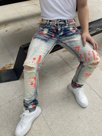 Men's Y2K-Style Denim Pants With Hand Drawn Colorful Tear Stop Pattern Design  Best Selling Product  Free Shipping Included
