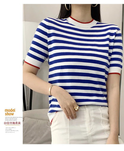 Summer Women's O-Neck Striped 100% Cotton Short Sleeve T-Shirt With Loose Pullover Casual Knit Top High Quality 5 Sizes