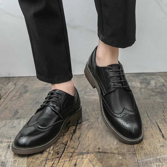 Retro leather shoes - men's brook engraved lace-up British business formal soft-soled fashionable casual trendy shoes