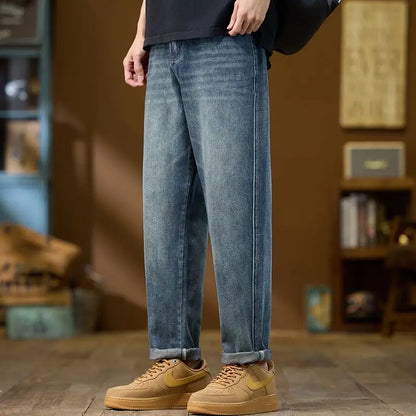 Jeans Denim Straight Pants Men Washed Distressed Mid Waist Pockets 2025 Streetwear Basics Ankle Length Trousers Vintage Denims
