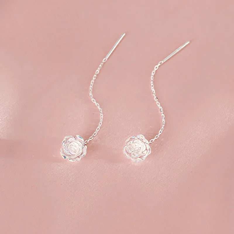 Minimalism Romantic Sterling Silver Rose Flower Pendant Ear Thread Versatile Girl Commuting Dangle Earrings Temperament Jewelry
