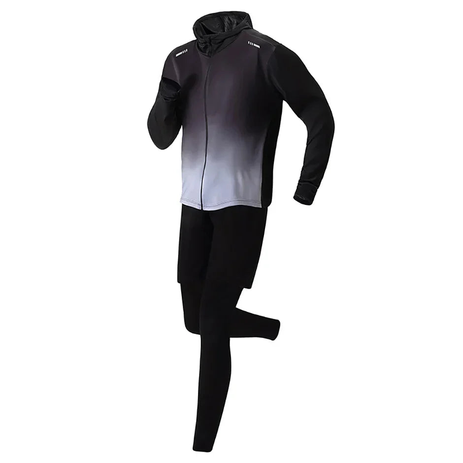 5-Piece Men's Quick-drying Sports Suit Fitness Running Tight Elastic Trousers With Cap Gradient Coat Round Neck Casual T-shirt