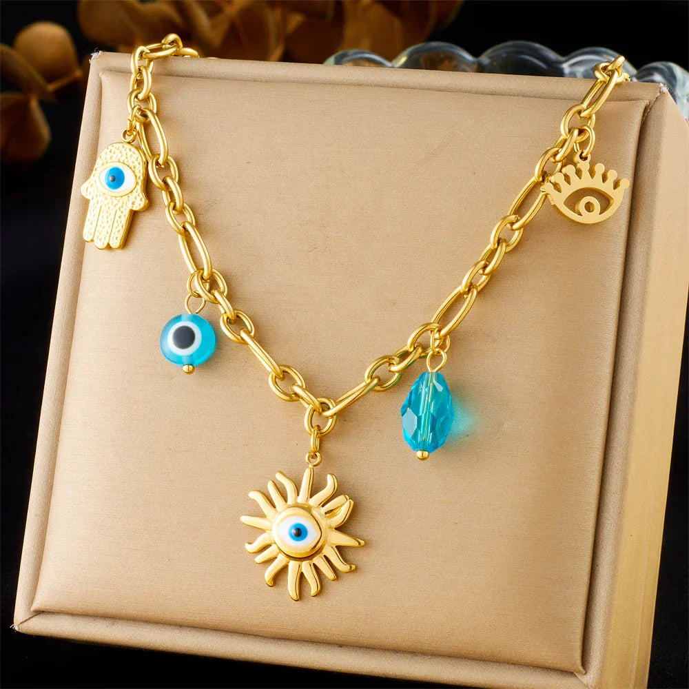 316L Stainless Steel Golden Trendy Starfish Moon Sun Shaped Pendant Necklace For Women Romantic Neck Chain Holiday Gift