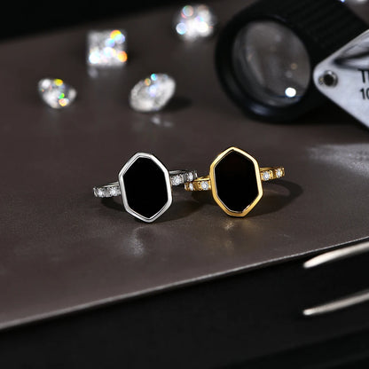 Hexagon Black Onyx Rings for Women Men Moissanite Side Edge S925 Silver 18K White Gold Plated Party Daily Jewelry Gifts