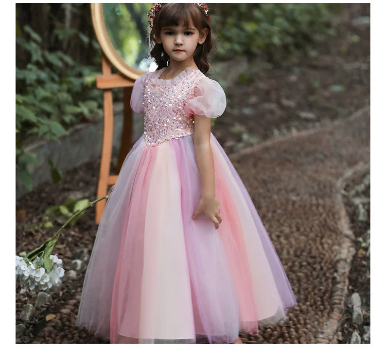 Girls Dress Color Mesh Dress Long Sequin Children's Skirt Girls Piano Host Costumes#323