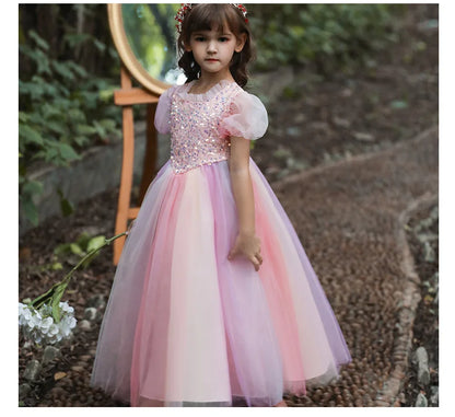 Girls Dress Color Mesh Dress Long Sequin Children's Skirt Girls Piano Host Costumes#323