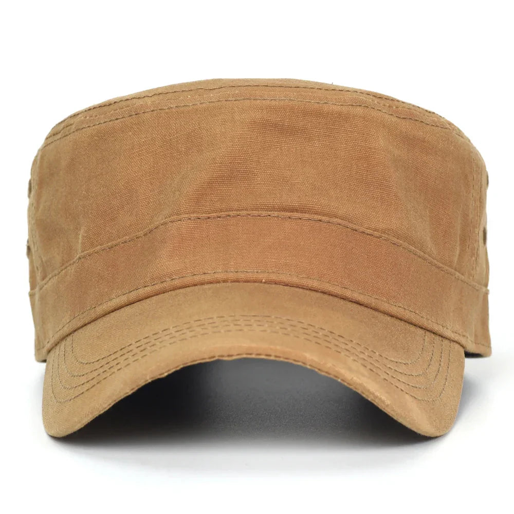 Waxed Canvas Cotton Military Caps Men Waterproof Cadet Army Cap Unique Design Vintage Flat Top Hat