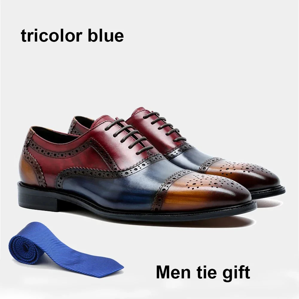 Color Block Genuine Leather Mens Formal Oxford Shoes Cap Toe Lace Up Brogue Business Party Elegant Gentleman Dress Shoes for Men