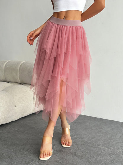Ladies' high waisted elastic waist layered chiffon midi skirt with irregular asymmetric hem party casual mesh fairy ballet skirt