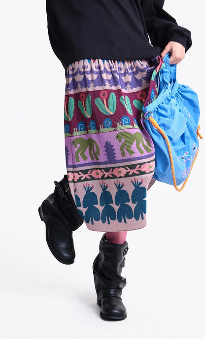 A-line Skirt 2026 Spring New Elastic Waist Colorful Floral Print Pleated Commuter Retro Style Skirt For Women 3ELC20607