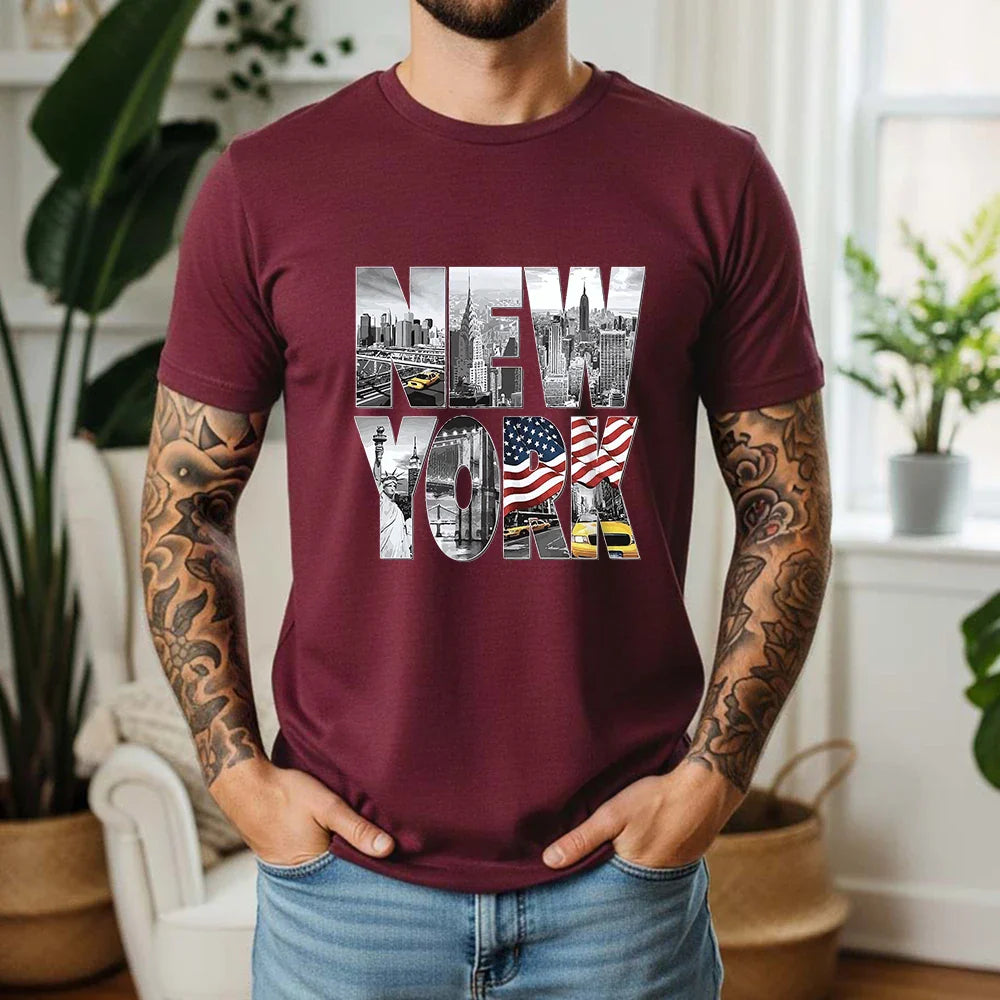 New Summer 100% Cotton T-Shirt New York City Landmark Letter Retro American Street Style Oversized Breathable Short Sleeve