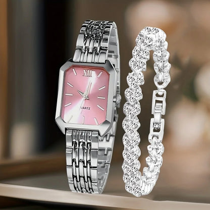 2PCS Fashion Rectangle Women Quartz Watch Rhinestone Bracelet Set Ladies Roma Dial Wristwatch Reloj Mujer Girls Clock Gift