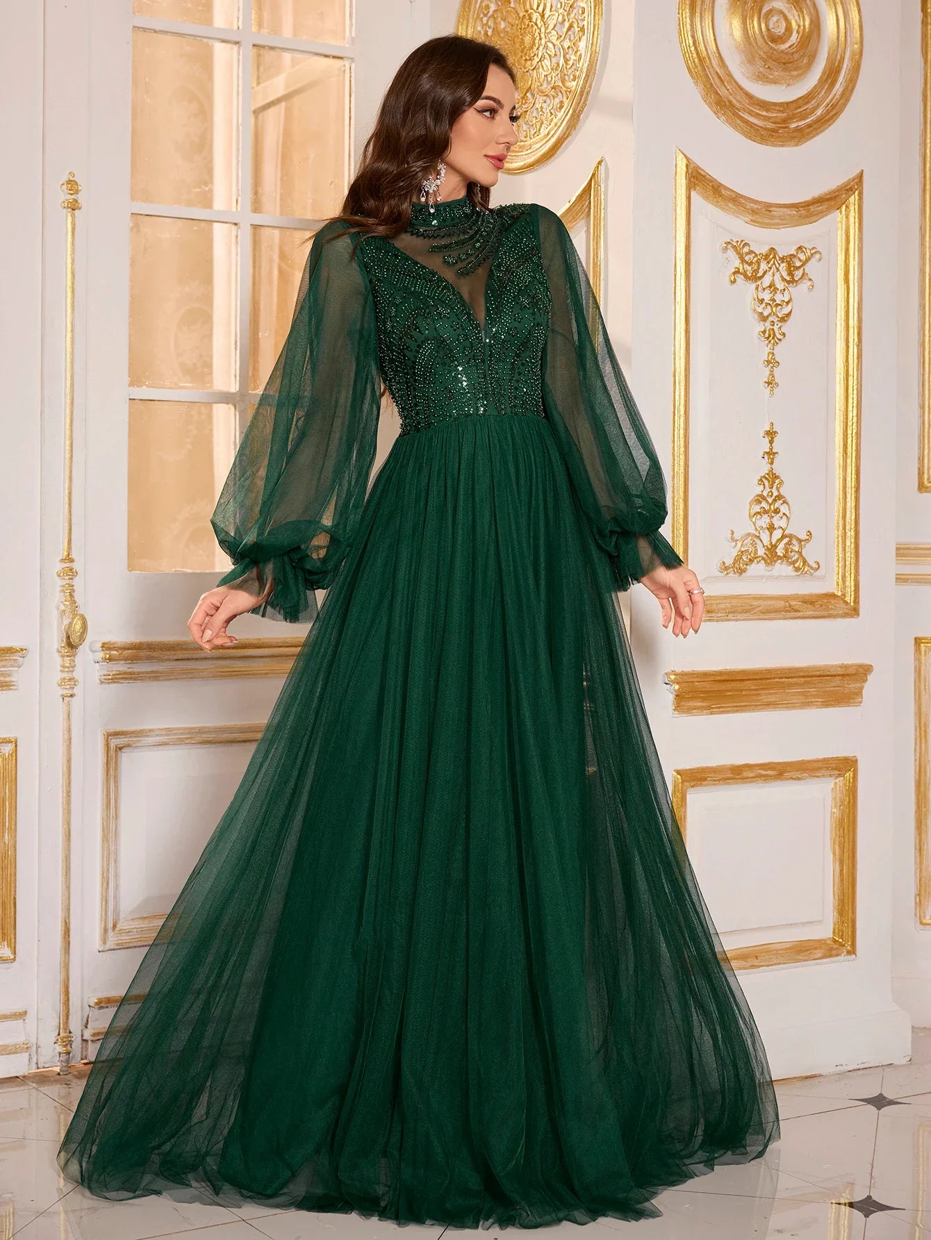 Women's Round-Neck Lantern Sleeve Beads Patchwork Mesh Fabric Evening Dress
