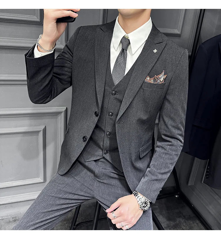 Slim Fit Men's Three Piece Suit Thin Single Button Notch Lapel Casual Fashion Cotton Blend Spring Autumn Wear for Youth