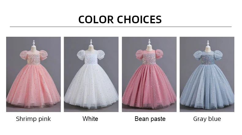 Children's Dress Girls' Princess Sequin Bubble Sleeve Long Mesh Flower Little Girl Wedding For Summer