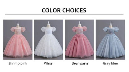 Children's Dress Girls' Princess Sequin Bubble Sleeve Long Mesh Flower Little Girl Wedding For Summer
