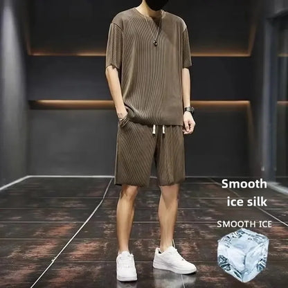 High-End Ice Silk Men's Sports Suit Casual Home Use Long Pants Short Sleeves Quick Drying Top Set Summer Collection