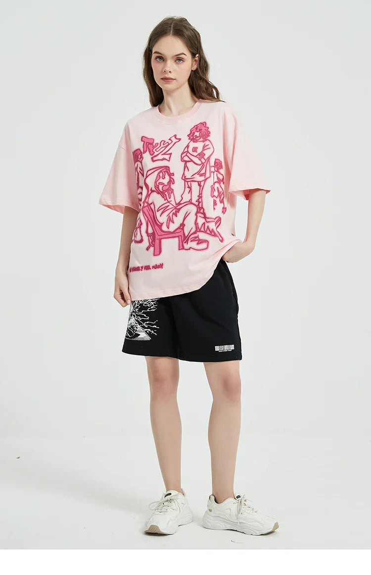 Harajuku Cartoon Girl Cat Japanese Kanji Graphic T Shirt Streetwear Men T-Shirt Summer Short Sleeve Tshirt Tops Tees Unisex