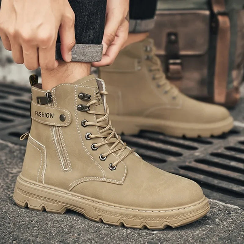 High Top Men's Shoes for Spring and Autumn, New Anti Slip and Waterproof Desert Boots Outdoor Zipper Hiking Shoes Work Boots