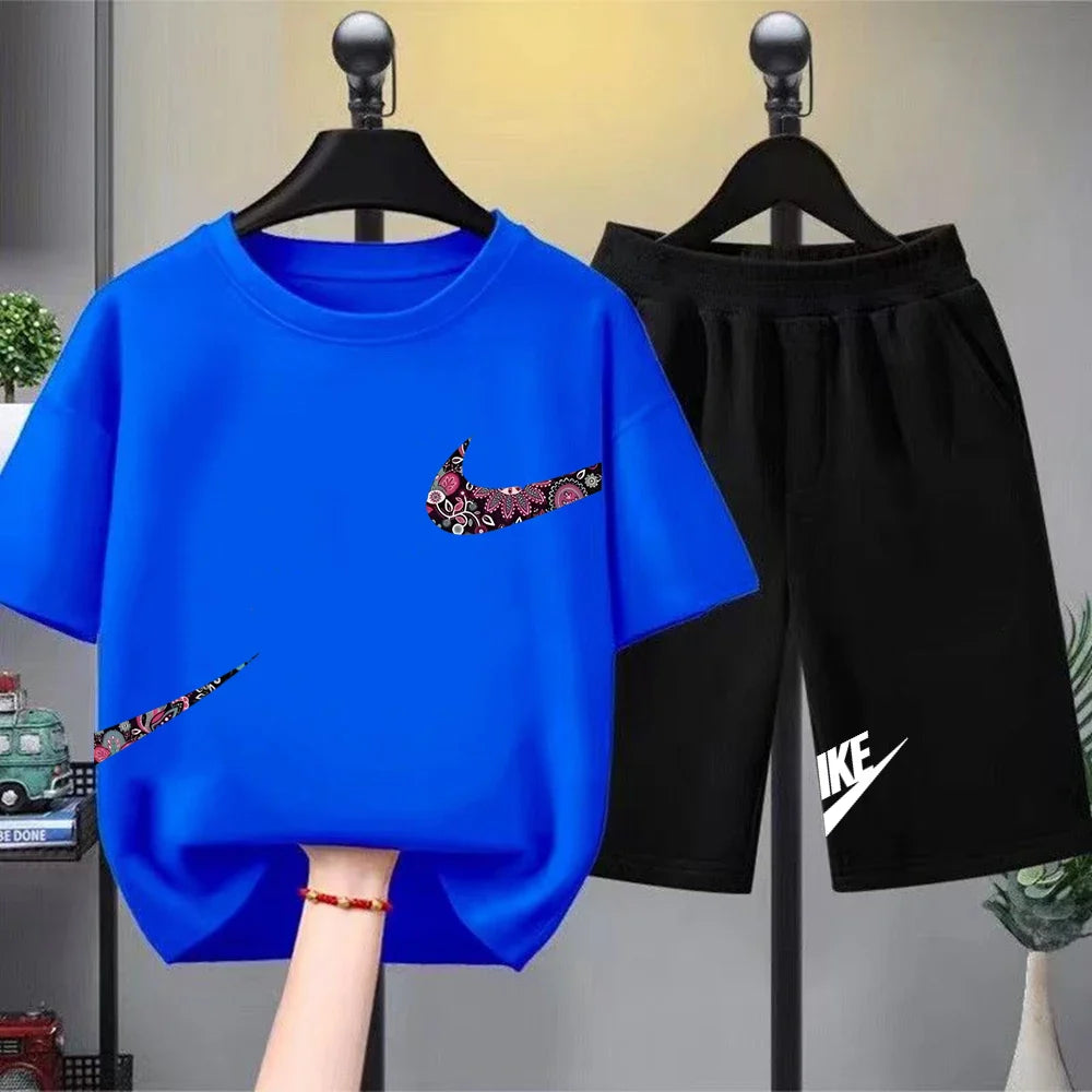Print black white Short Sleeve Children's T-shirt Set Sports Fashion Boys Girls tops+Shorts Casual Kid new Summer Set