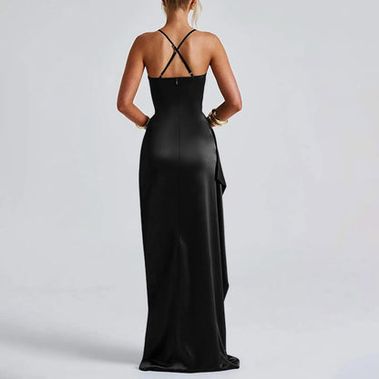 Women's Fashion Elegant Fitted Pleated Slit Satin Gown Solid Color Sleeveless Backless Long Dresses Summer Satin Party Dress