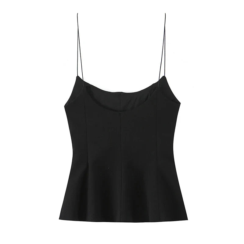 Women Fashion Solid Pleated Backless Side Zipper Tops Vintage Thin Straps Square Collar Female Chic Lady Camis