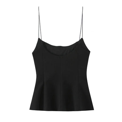 Women Fashion Solid Pleated Backless Side Zipper Tops Vintage Thin Straps Square Collar Female Chic Lady Camis
